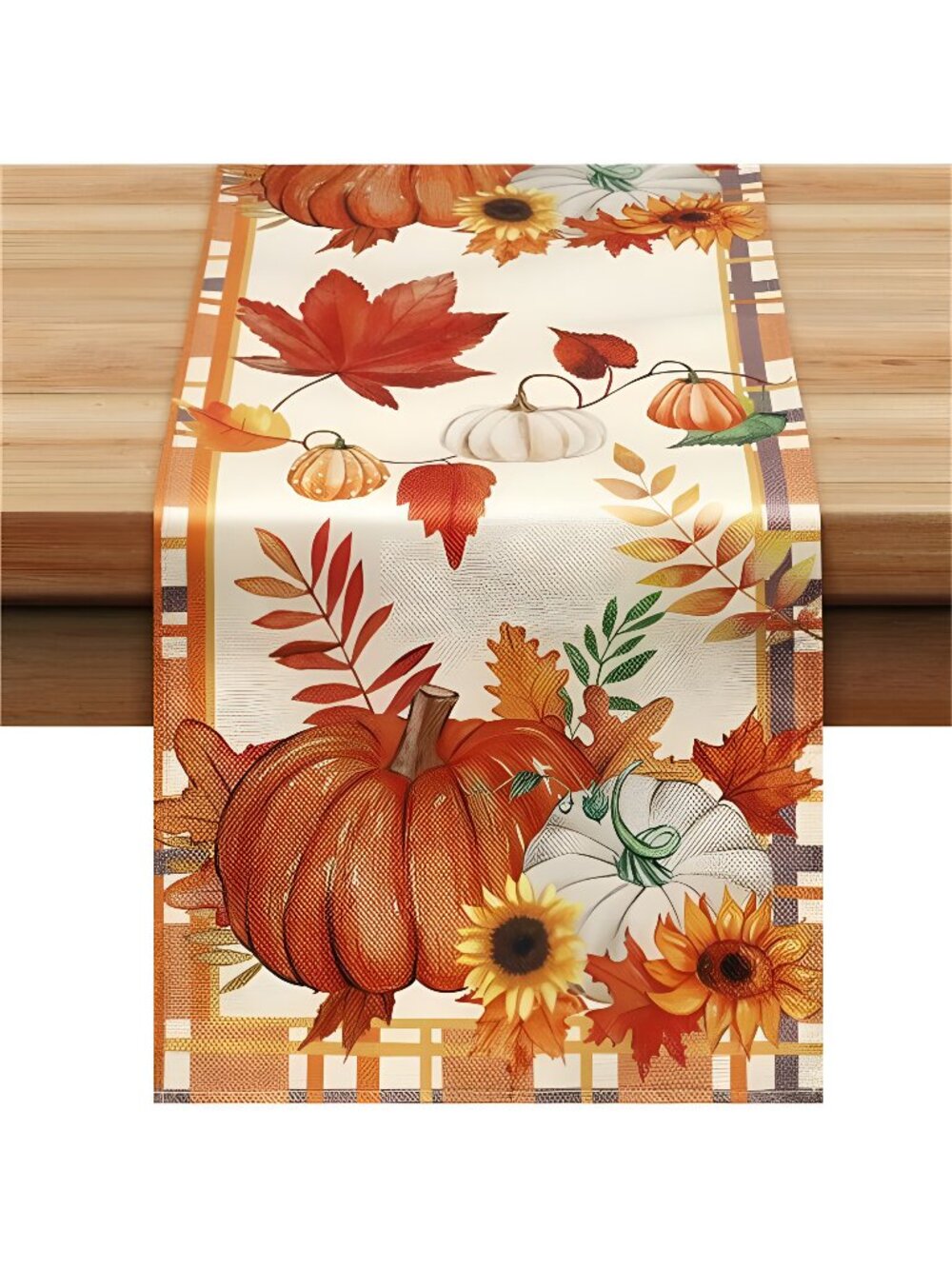 Fall Table Runner, Plaid Pumpkin Maple Leaves Table Runners for Autumn Harvest